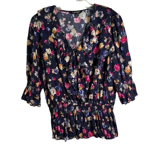 Lauren Ralph Lauren Tops - Lauren Ralph Lauren Navy Floral Women's Size Large V-Neck Ruffle Top